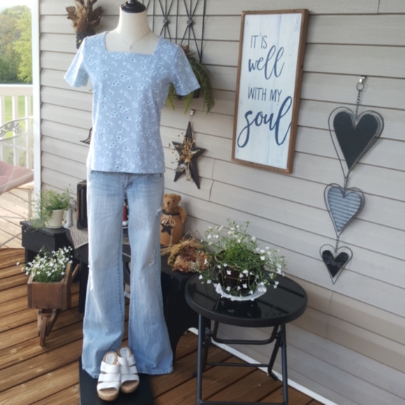 LIZ CLAIBORNE ♡ Sweet Vintage Blue|White Floral Box Pattern Short Sleeve Top SP - Picture 3 of 16